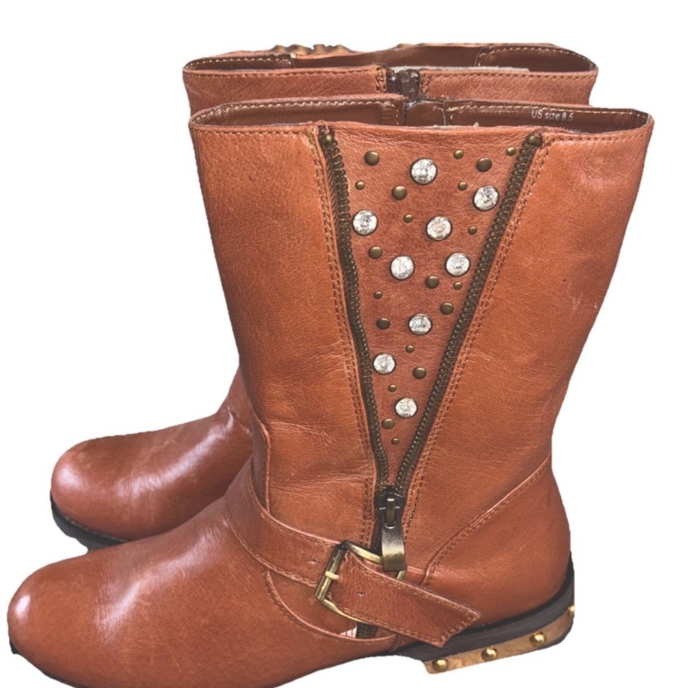 Grazie Tan Leather Mid-Calf Studded Booties